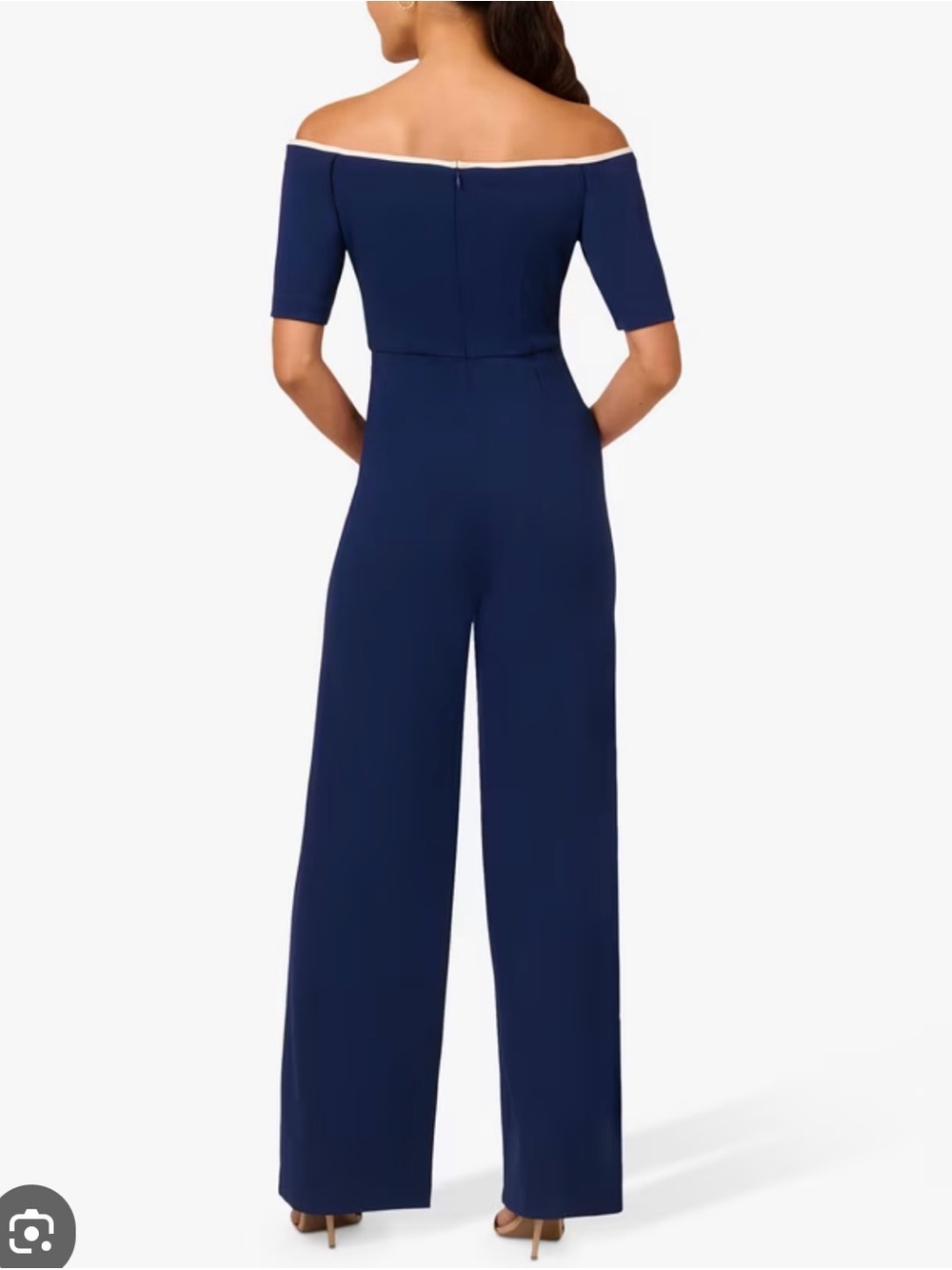 Adrianna Papell Off-Shoulder Navy Wide-Leg Jumpsuit with Contrast Trim NWT 4 - Picture 3 of 6